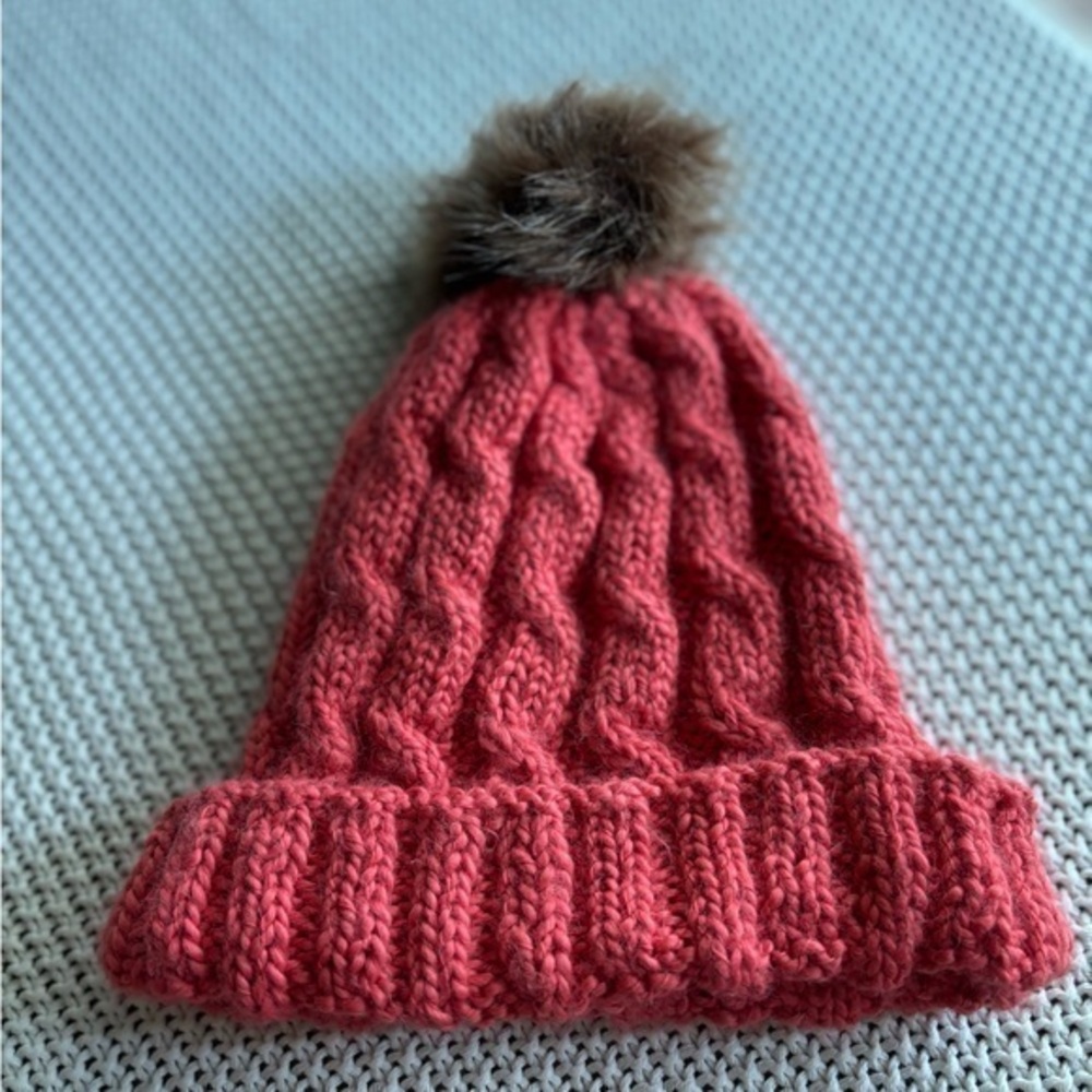 Fox Fur Pompom Ball Cap Knitted Ski Hat Warm Cotton Blend Cuffed Beanie Winter